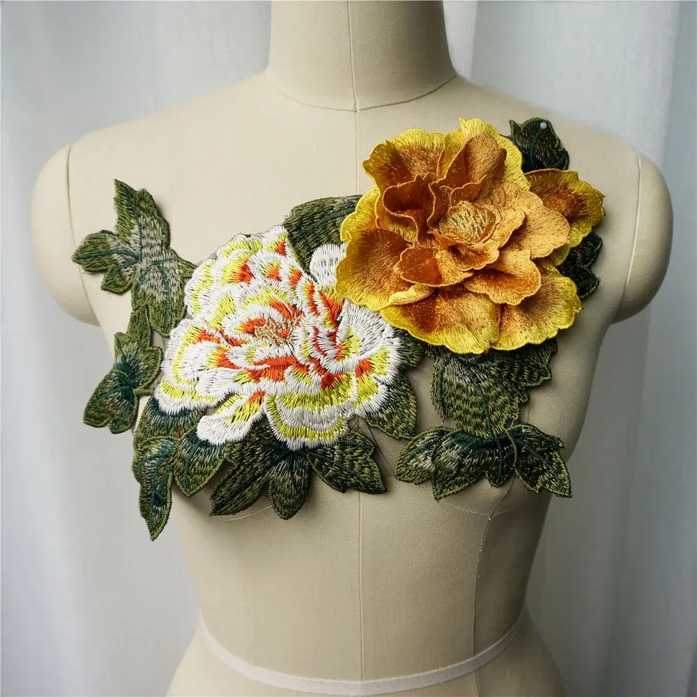 Желтое 3D пионовое цветочное искусственное многослойное вышитое платье с