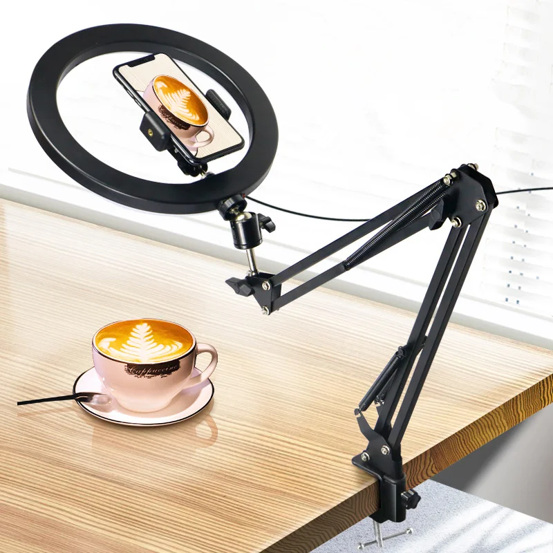 

26cm 10Inch Led Selfie Round Ring Lamp With Long Arm Bracket Photography For Smartphone Holder Live Video Streaming Photo Studio