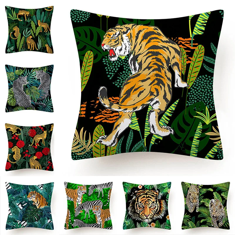 

Tropical Jungle Cushion Cover 45x45 Polyester Tiger Leopard Printed Pillowcase Decorative Sofa Cushions Palm Leaf Pillowcover
