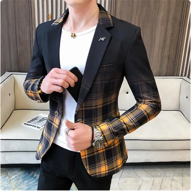 

Plaid blazer spring 2021 men's fashion business casual men's slim blazer plus size casual banquet wedding party club dress