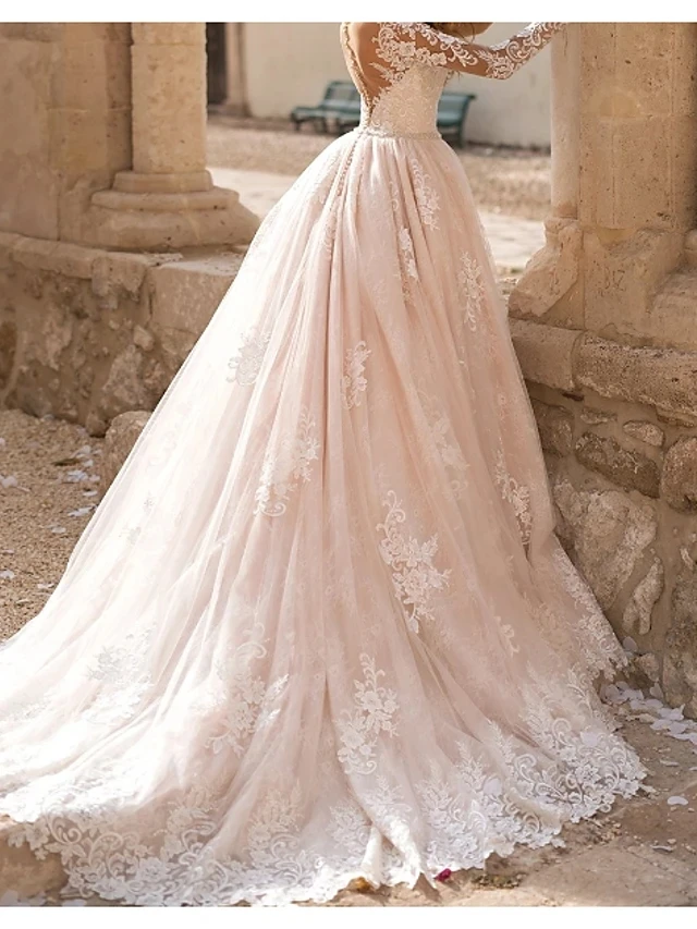 

Кружевное бальное платье цвета шампань с аппликацией из тюля, свадебное платье с длинными рукавами и шлейфом, свадебное платье на заказ