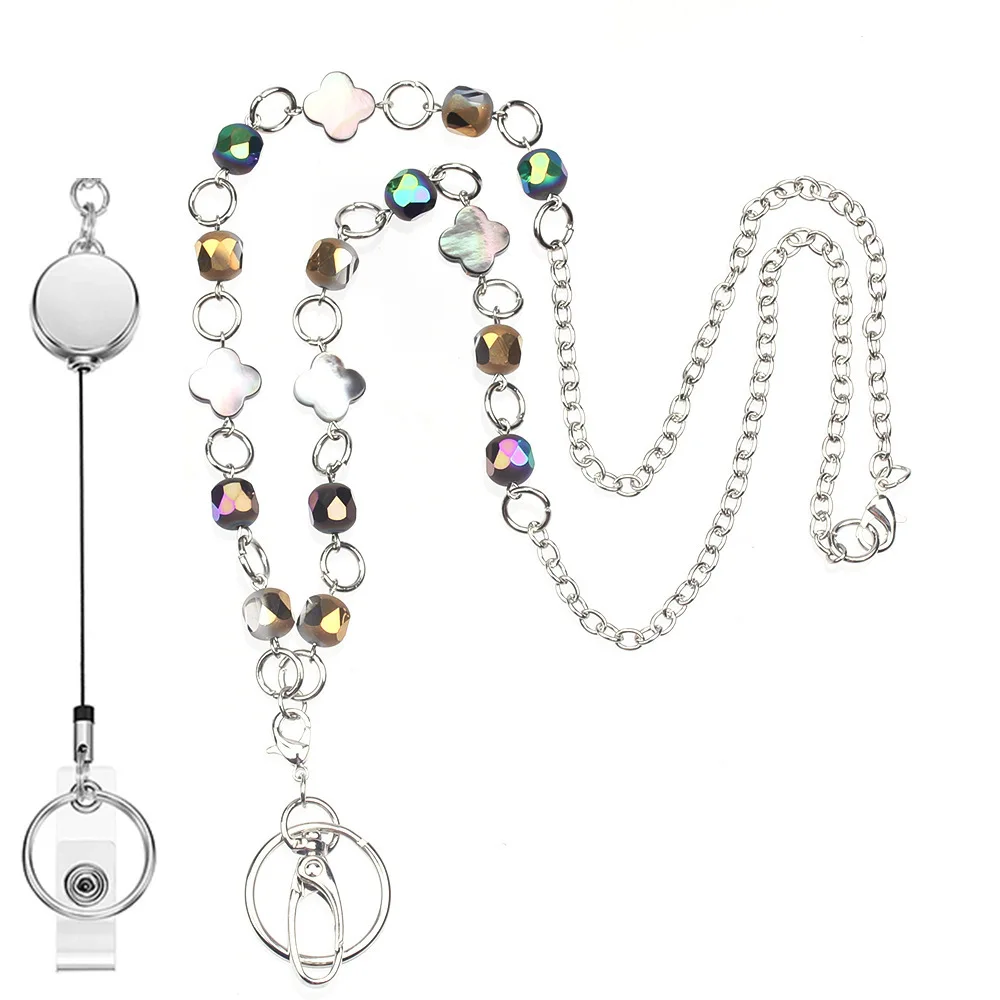 

Retractable Badge Reel Lanyard Beaded Lanyard Chain Necklace ID Card Badge Holder Reel Clip Neck Key Holder Necklace for Women