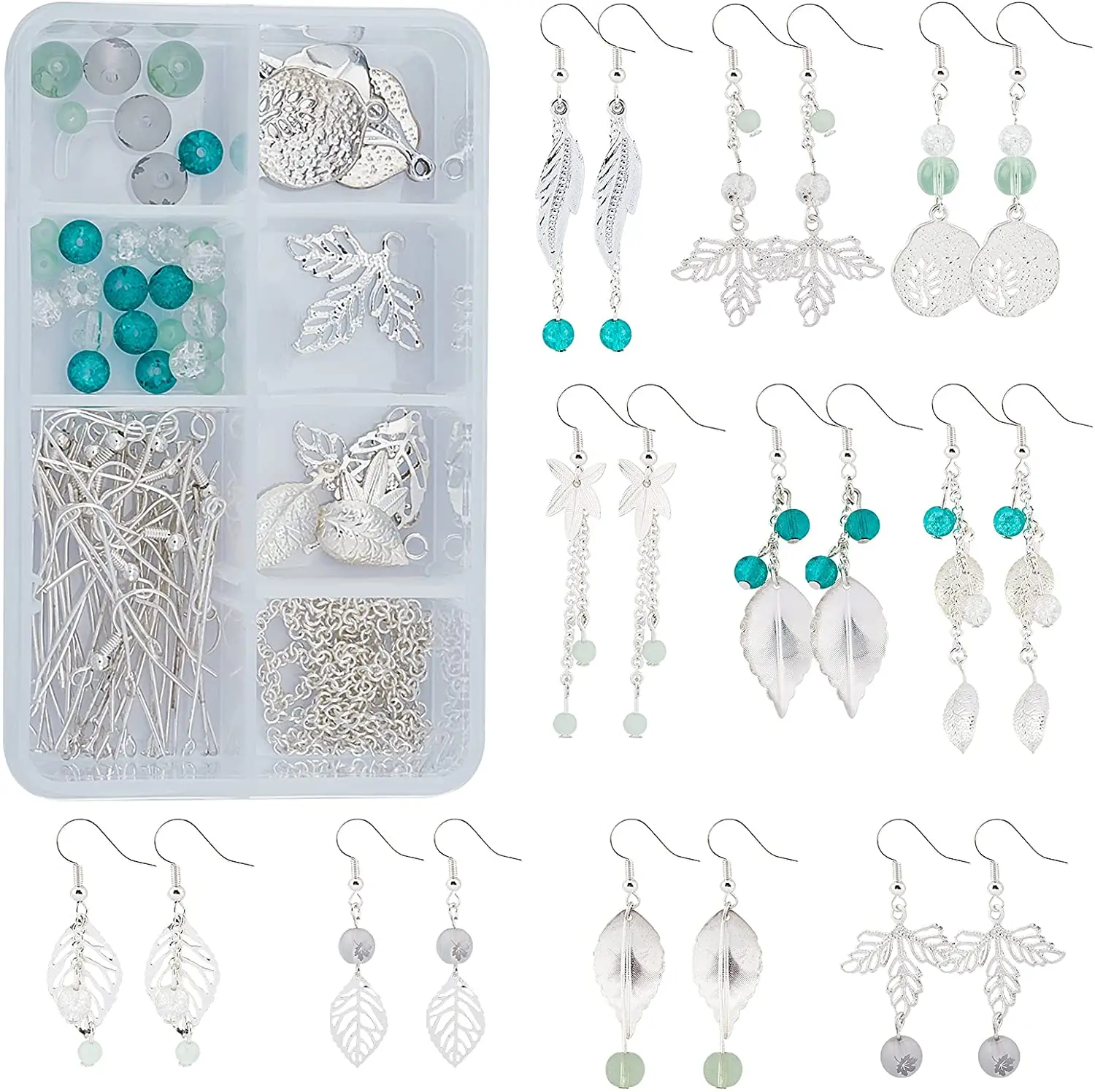 

1 box DIY10 pairs of silver leaf pendant earrings kit style leaf teardrop long chandelier earrings jewelry making supplies