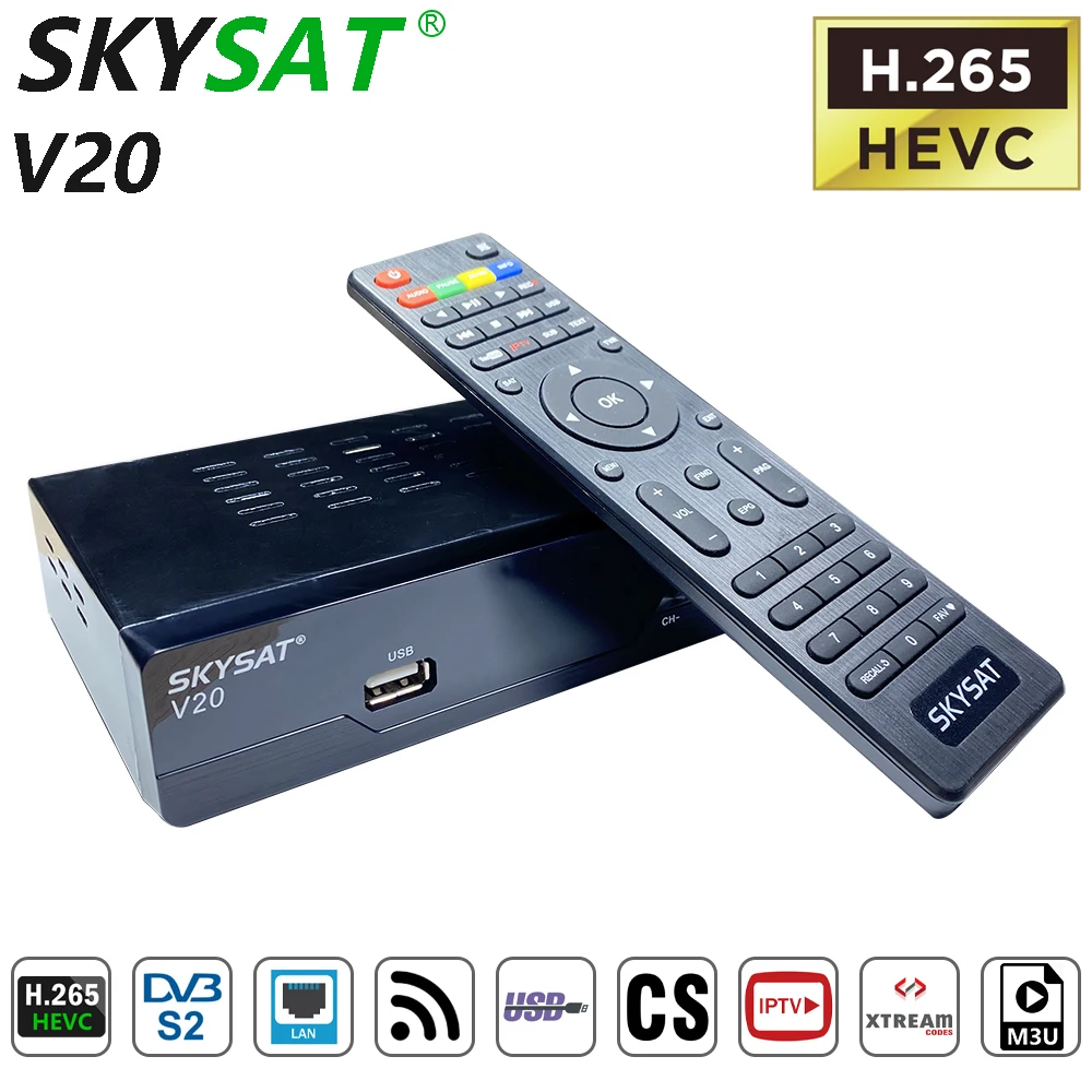 Цифровой спутниковый ресивер HD DVB S2 SKYSAT V20 1080P H.265 HEVC CS Powervu LAN RJ45 3G Dongle USB