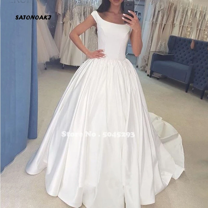 

Simple White Satin Wedding Dress for Women Cap Sleeves Princess Lace Up Back Scoop Neck Bride Gown Vestido De Novia Online Shop