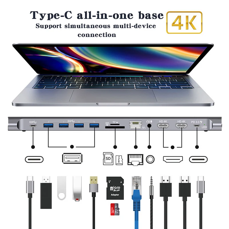 

12 в 1 док-станция типа C для ноутбука HDMI-совместимый VGA RJ45 PD SD мульти USB3.0 для MacBook поверхность совместима 12-в-1