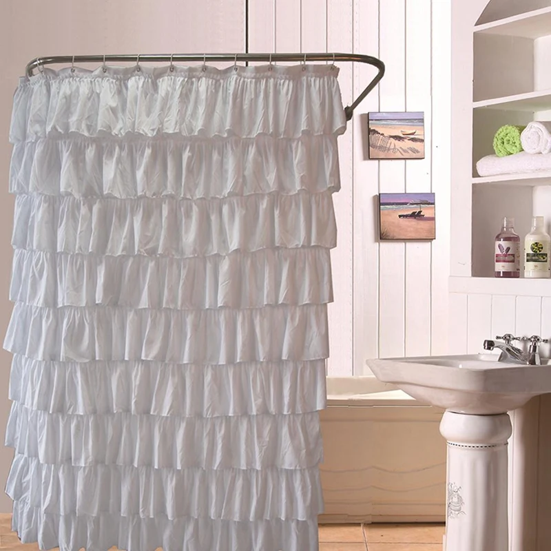 Plain Colour Waterproof Corrugated Edge Shower Curtain Ruffled Bathroom Decoration | Дом и сад