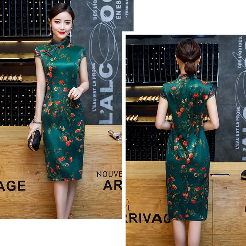Женские красивые китайские Qipao платья Drak зеленые цветы Традиционные вечерние Qi Pao шоу Ципао для банкета Современные вечерние платья
