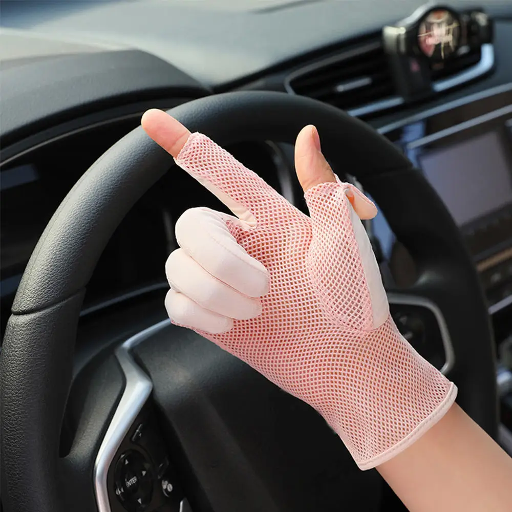 

Ladies Ice Silk Sunscreen Gloves Thin Spring Autumn Non-slip Breathable Summer Two-finger Driving Non-slip Touch Screen Gloves