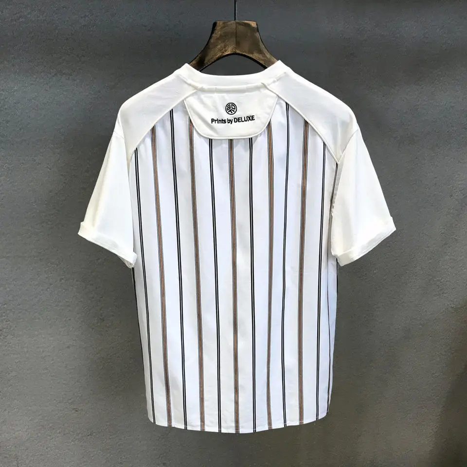 

High-end fashion temperament designer striped contrast color short sleeve T-shirt men's loose half sleeve with cotton top men