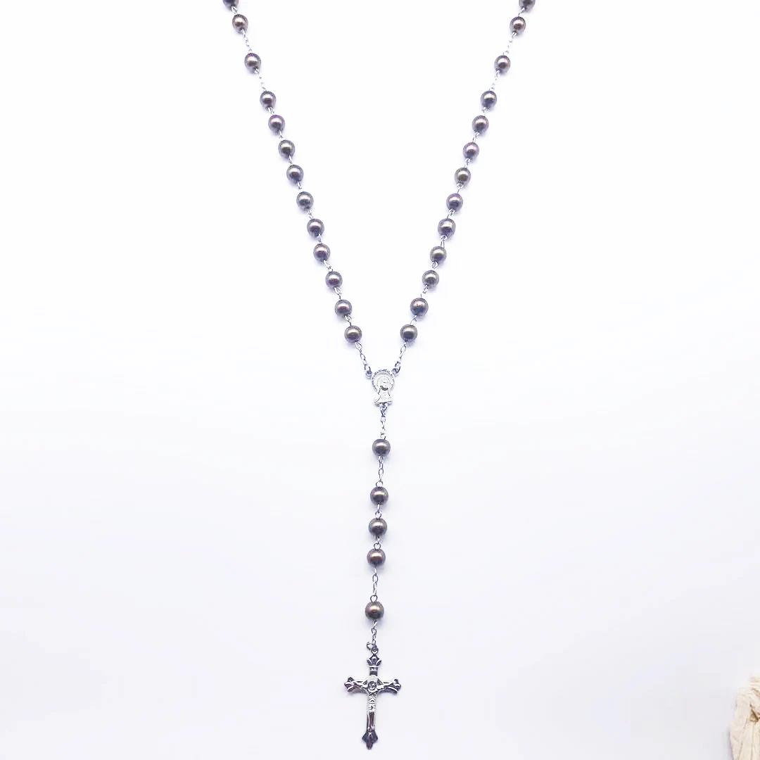 Модное кофейное ожерелье с жемчужным крестом 7 мм религиозное Девы