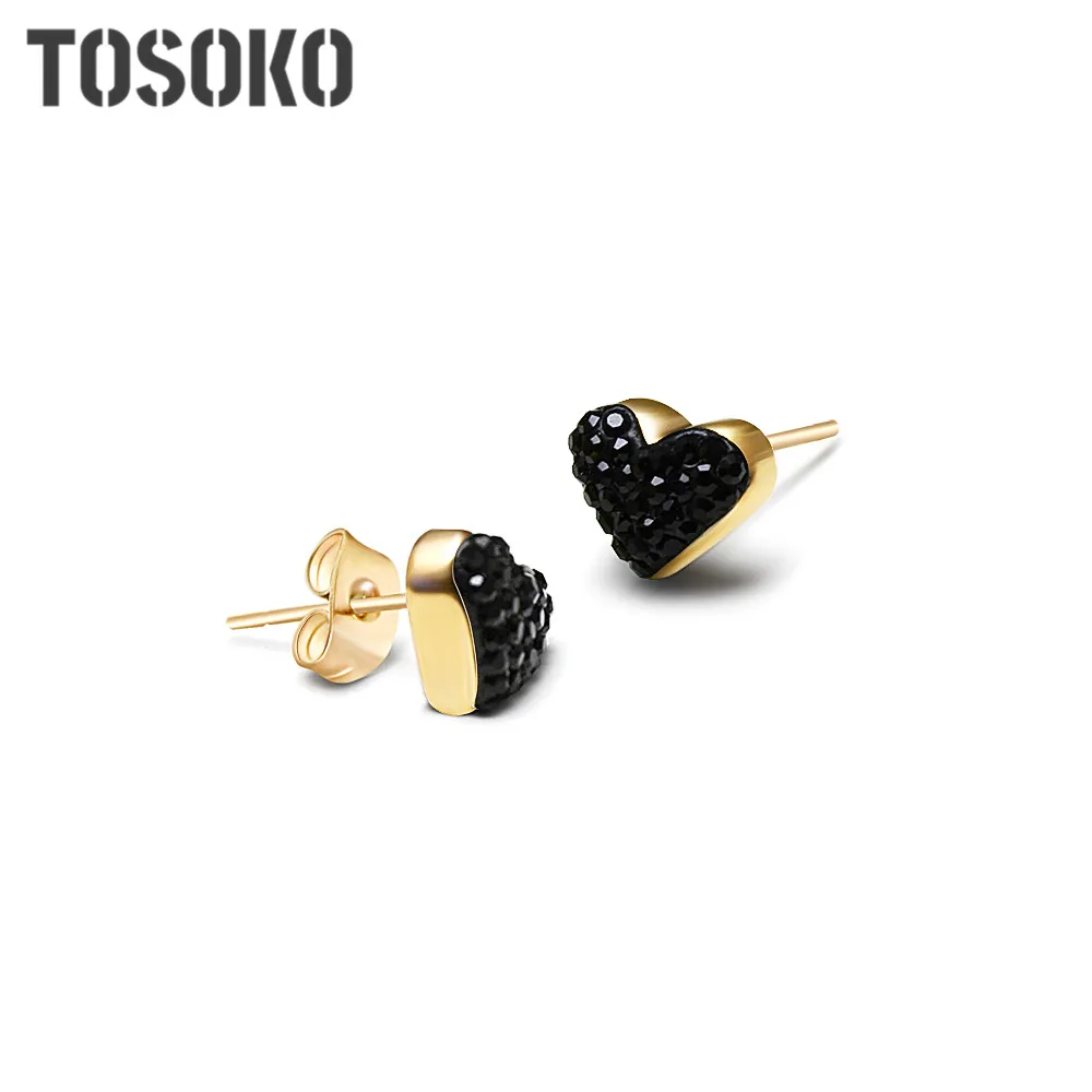 TOSOKO ювелирные изделия из нержавеющей стали черные циркониевые серьги в форме сердца милые и простые серьги для женщин BSF091