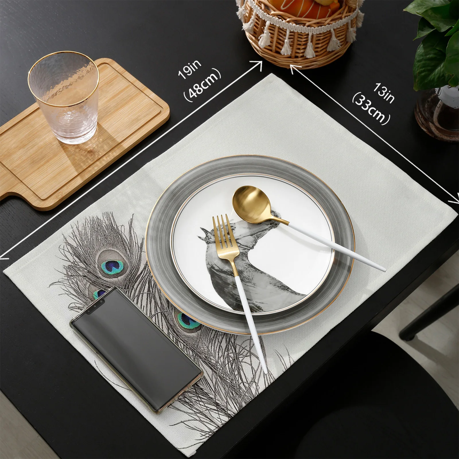 

Peacock Feather Grey Simple Table Runner Placemats Set Wedding Table Decoration Table Runner for Kitchen Dining