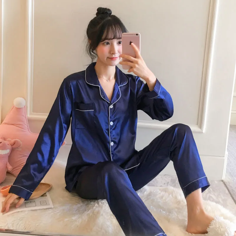 New Home Clothes for Girl Solid Long Pyjamas Turn-down Collar Women Sleepwear Plus Size Lingerie Femme Silk Pajamas Set 4XL 5XL