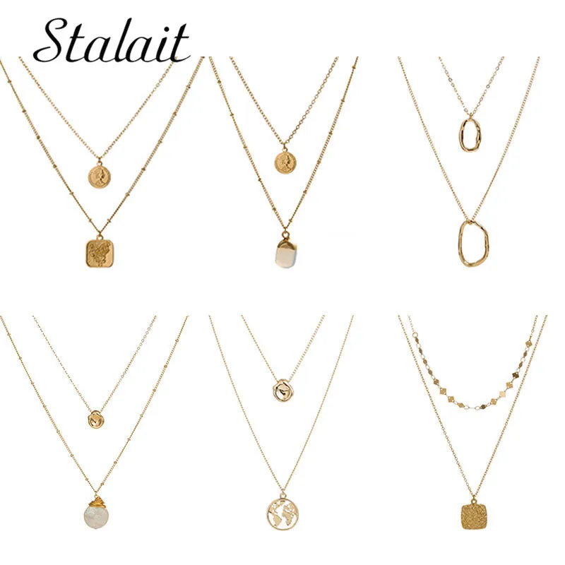 

Bohemian Multi Layered Round Natural Pearl Pendant Necklace Trendy Rose Queen Coin World Map Hollow Geometric Alloy For Women