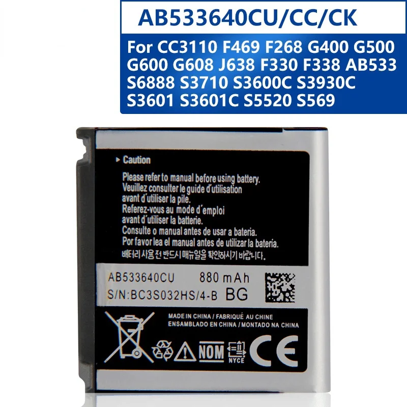 

Original AB533640CU Battery For Samsung S6888 S3710 S3600C GT-S3600i S3930C S5520 S569 Replacement Phone Battery 880mAh
