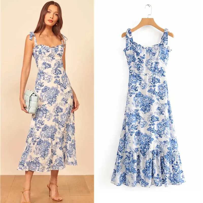 

Women's summer dress 2021 new fashion slim fit with wooden ears printed sling dress female