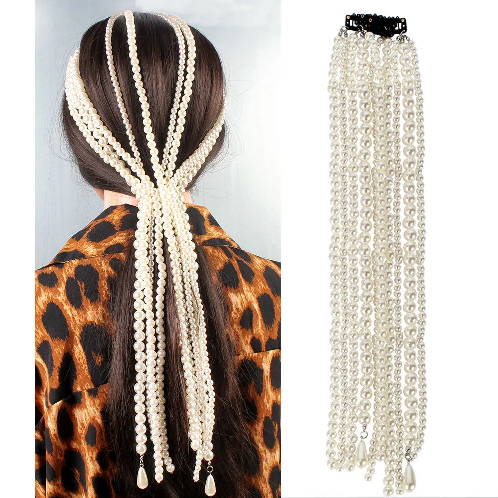 

Boho Party Pearl Rhinestone Wedding Tassel Bridal Hair Accessories Prom Party Hair Clips Headdress Women Girls Pendant Jewelry