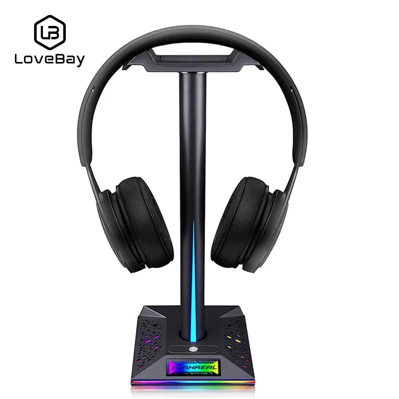 

LOVEBAY RGB Headphone Stand Fingerprint Control RGB Gaming Headset Desk Bracket Phone Holder with 3.5mm AUX 2 USB Charger Ports