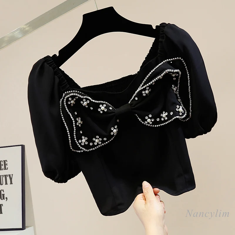 Haut Court Pour les femmes de L'industrie Lourde Perles Diamant intégré Tridimensionnel Grand Arc Rétro Manche Gigot Dos Plissé Élastique Chemise