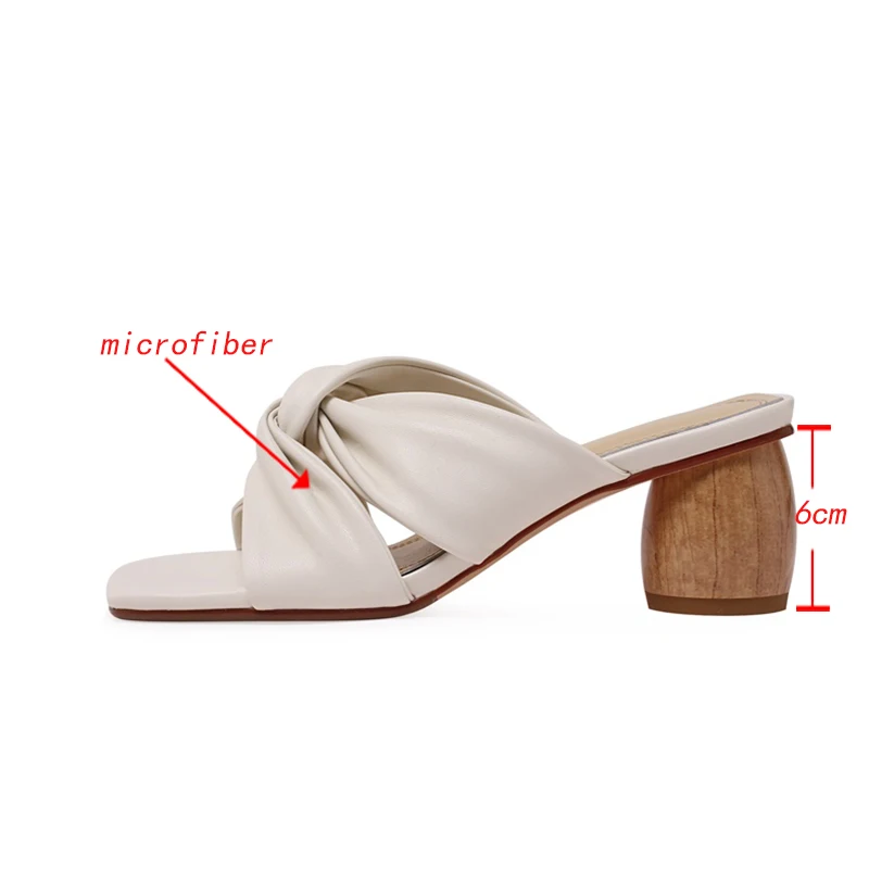 Kanseet Pleated Design 2021 Summer Women Shoes Round Heels Slippers Square Toe Soft Microfiber Leather High Heel Female Footwear