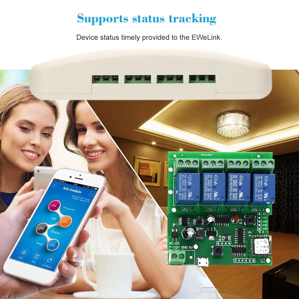 

DC 5V 7-32V 4 Channel WiFi Wireless Relay Switch Control Module APP Control