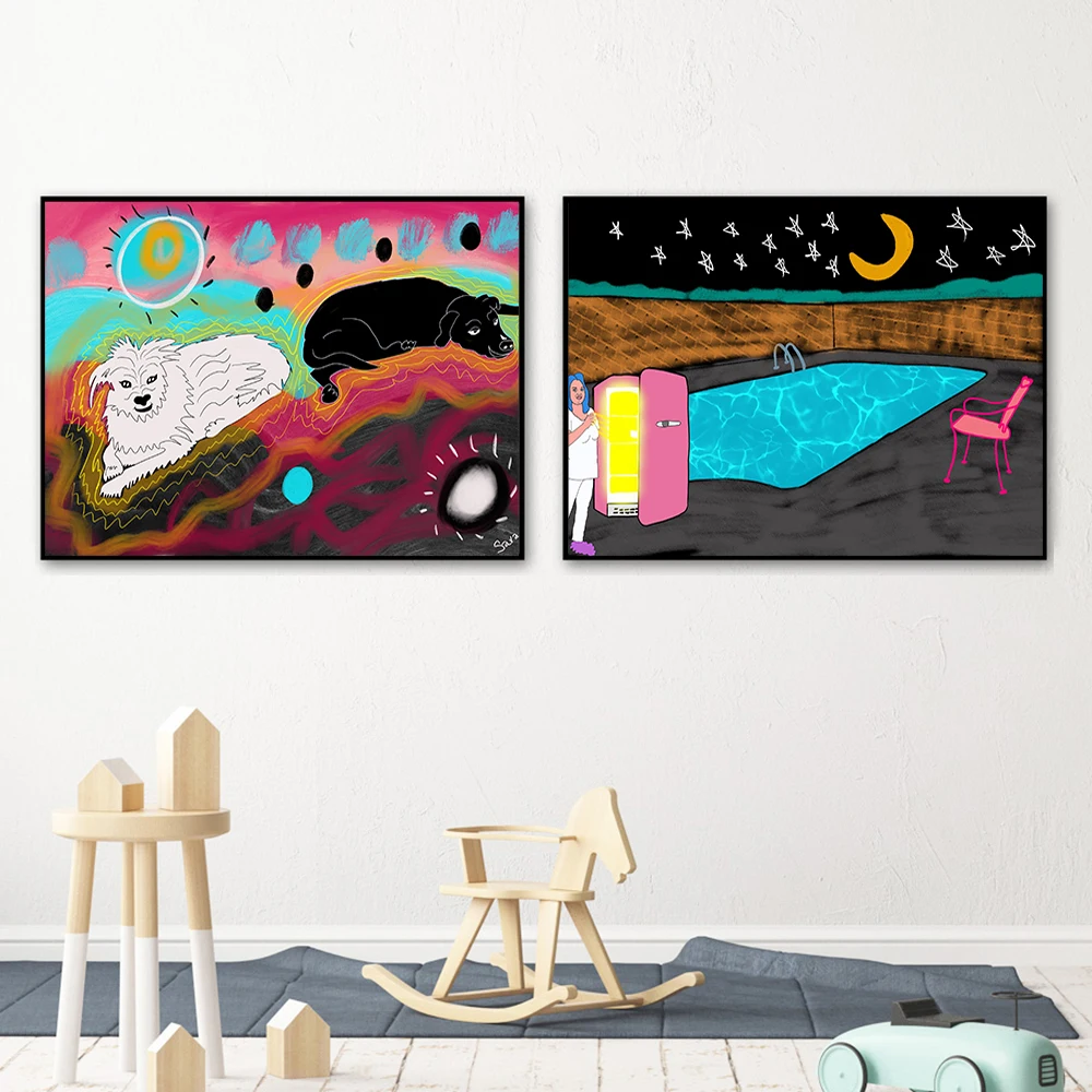 

Pink Fridge Time Machine Wall Poster Whiskey Pete Dogs Canvas Painitng Abstract Colorful Art Pictures Home Decor For Kids Room