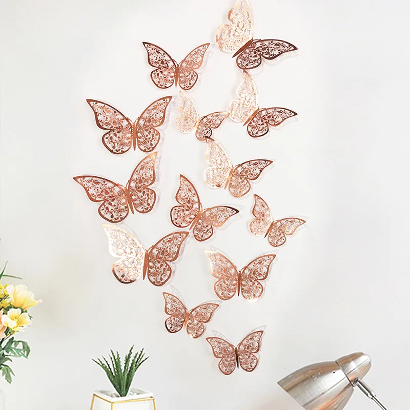 

3d three-dimensional hollow paper butterfly wall stickers 12 wall decoration living room bedroom wall metal texture stickers