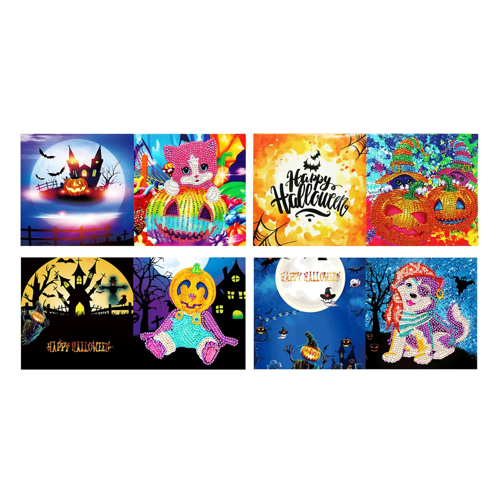 

4pcs Diamond Painting Greeting Card Halloween Themed Diamond Cross-stitch Crystal Embroidery Gift Card
