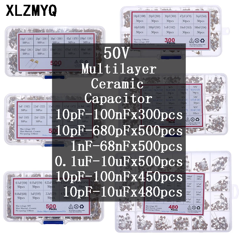 

50V Multilayer Ceramic Capacitor Assortment Kit set 10pF 100pF 220pF 470pF 1uF 100nF 0.1UF 102 103 104 105 225 106 Capacitors