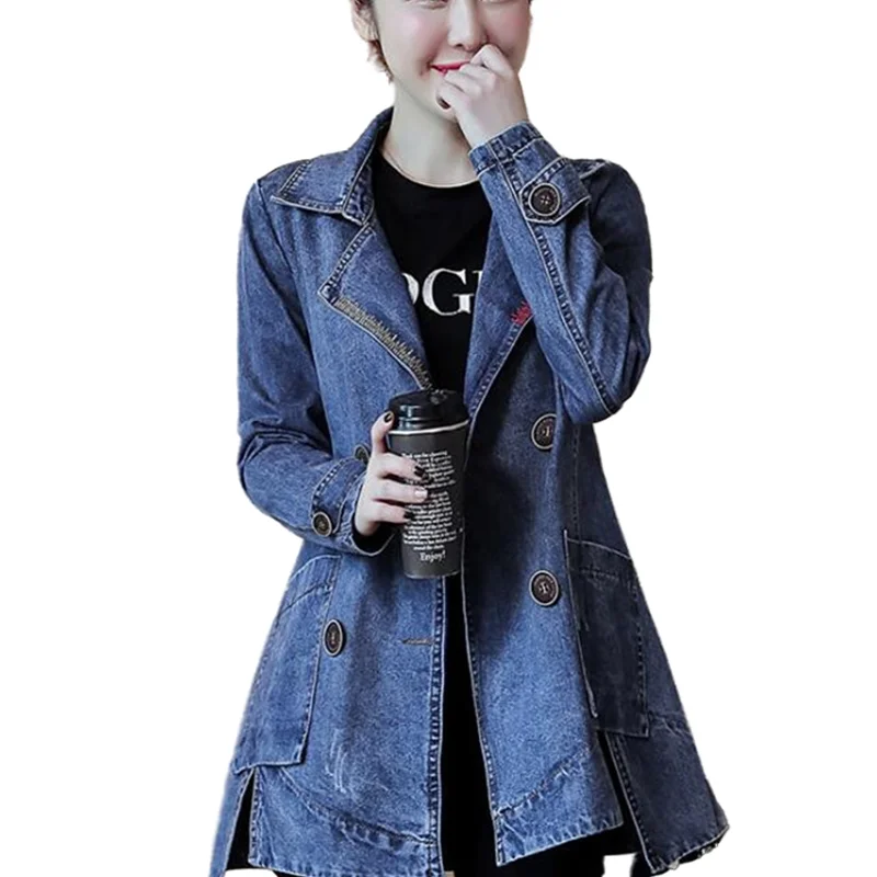 

Autumn Denim Jacket Women Long Sleeve Lapel Jeans Coat Double-breasted Loose Casual Windbreaker