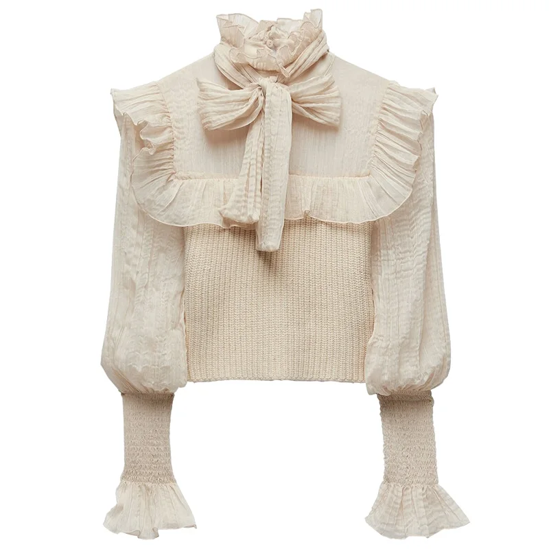 

Women Long Puff Sleeve V-neck Mesh Spliced Knit Shirts Summer Short Chiffon Blouses Splice Pullovers White Tie OL Tops Blusas