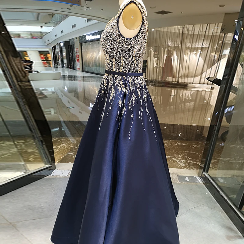 SSYFashion Новое высококачественное роскошное вечернее платье, для банкета благородное темно-синее с v-образным вырезом и блестками, Бисероплетение длинное вечернее платье Vestido De Noche