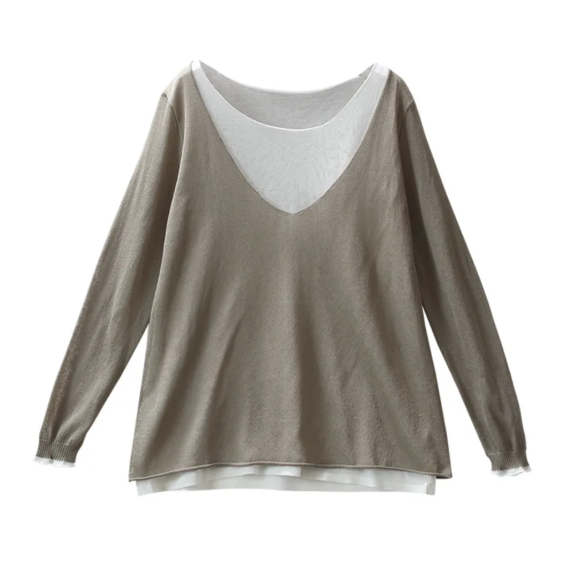 

Women Fashion Japan Style Vintage Long Sleeve Fake Two Pieces Patchwork Linen Female Loose Tees Knitted Pullover Casual Tshirt