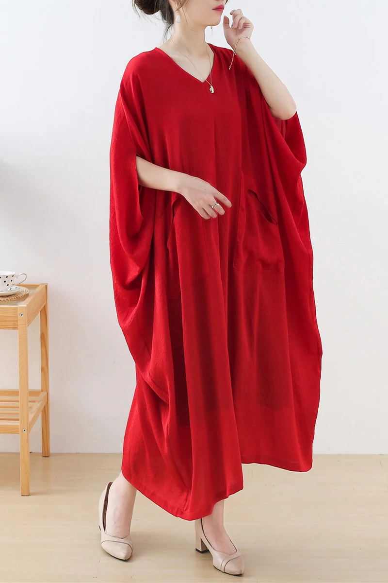 

SuperAen 2021 Solid Simple Silk Batwing Sleeves Loose Plus Size Drop Robe Summer New Ankle-Length Casual Chiffon Woman Dress