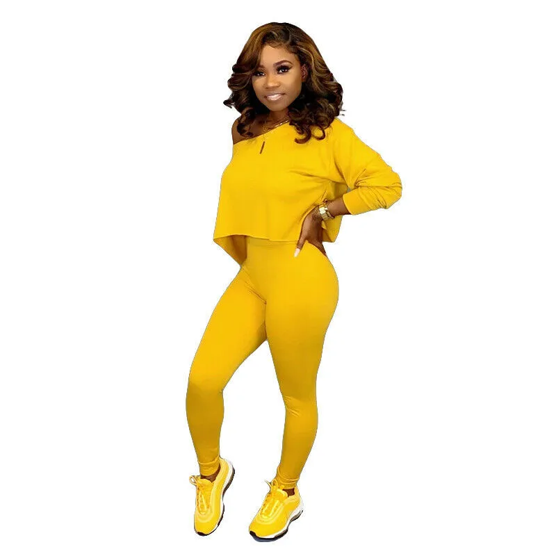

Women Long Sleeve Off Shoulder Crop Top Pants Two Piece Set Casual Jumpsuit Solid Clothes Plus Size