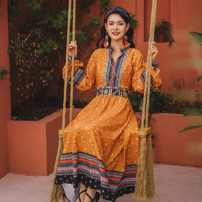 

Bohemian Style Ethnic Print Vintage Long Maxi Holiday Dress Women Elegant Lantern Sleeve Beach Robe Casual Aline Vestidos