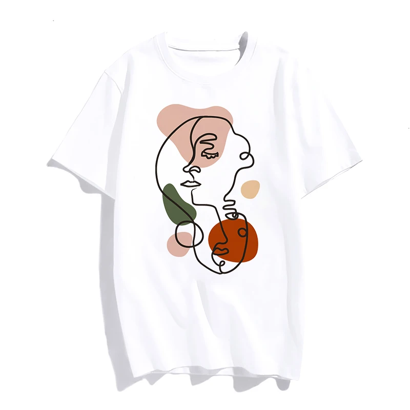 

Summer Abstract Human Face Printed Women Simple T-shirt Fashion Short Sleeve Tops White Basic Tees Round-neck Female Tops 2021