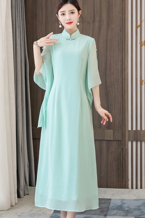 

COIGARSAM 4XL Plus Size Chinese Style Chiffon Women dress Summer Cheongsam Vintage Dresses White Pink Lake Blue 1838