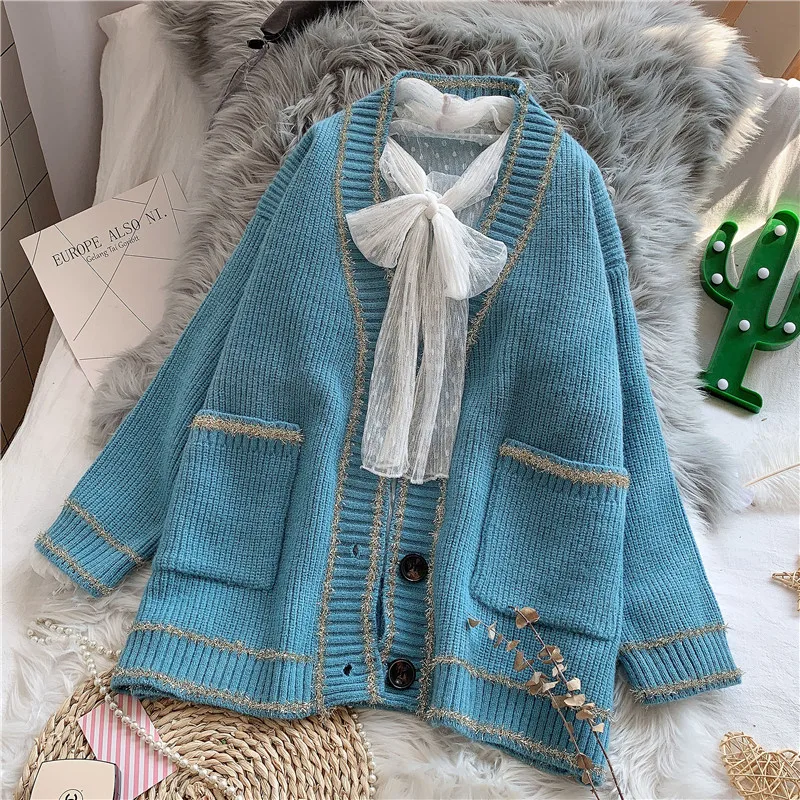 

Autumn Winter Loose Single Breasted Sweater Women Loose V Neck Knitted Cardigan Ladies Vintage Korean Coat Top