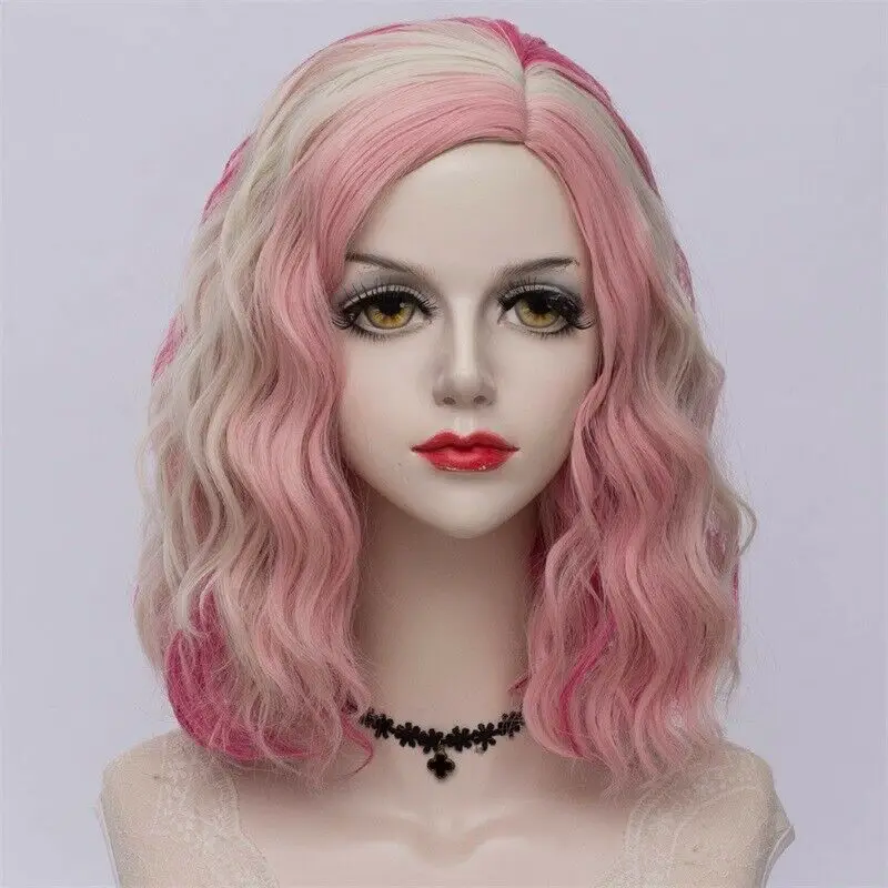 pink gold wig 27 стиль радуги многоцветные Хэллоуин 35 см вьющиеся синтетические парик Лолита Средний Омбре вечерние Косплей - Цвет: pink gold wig