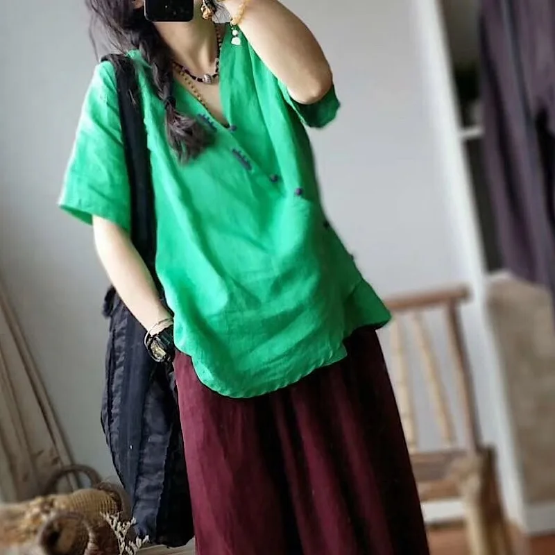 

Original Summer Women Retro Linen Solid Color V Neck Oblique Button Shirt Casual Short Sleeve Thin Shirt