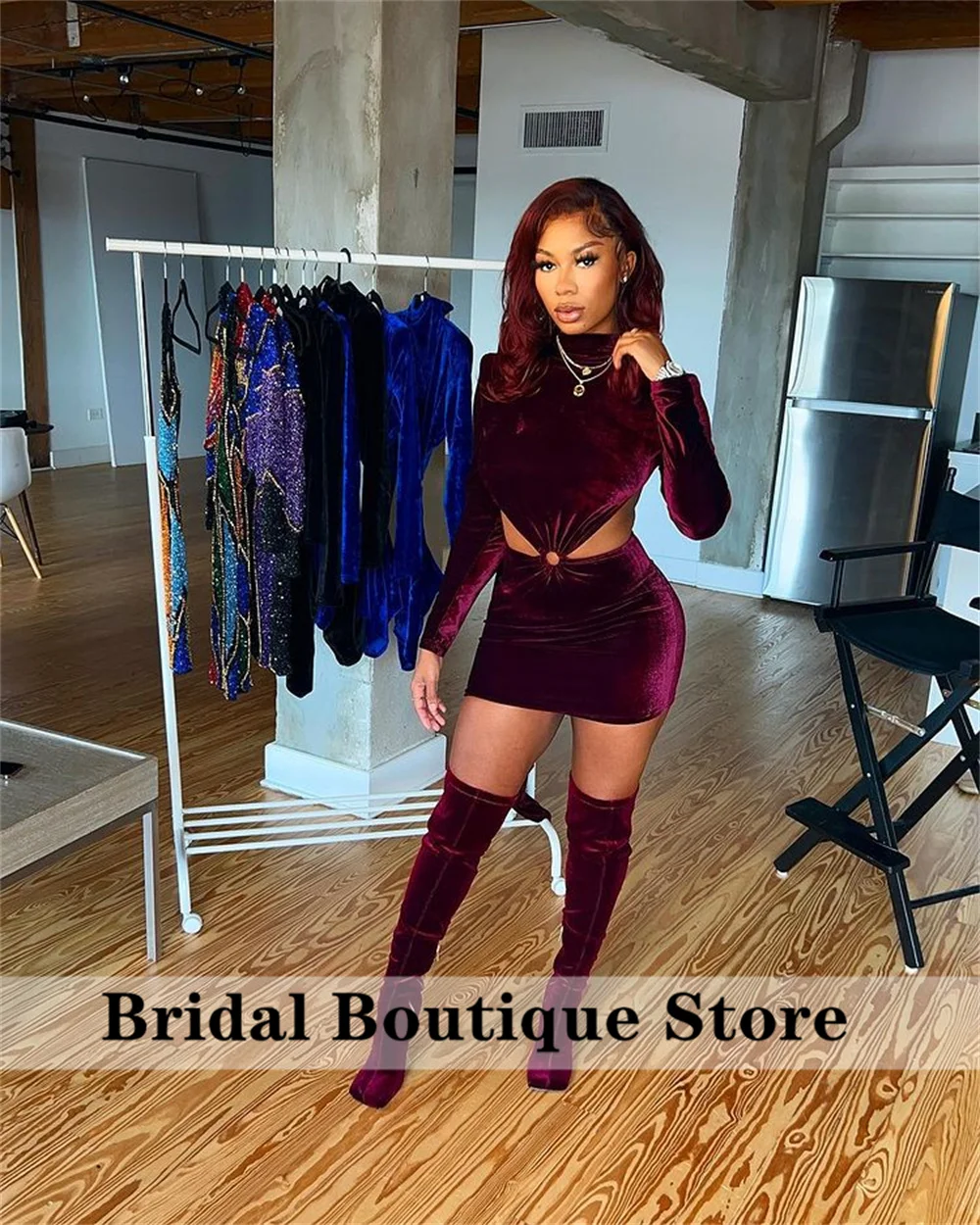 

Burgundy Velvet Short Prom Dresses 2022 Sexy High Neck Long Sleeve Mini Cocktail Party Gowns for Black Girls Graduation Dress