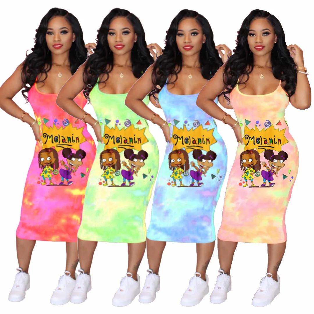 

50BN7063 Autumn Summer Women Casual Fashion Gradient Cartoon Print Dress Vestidos Plus Size