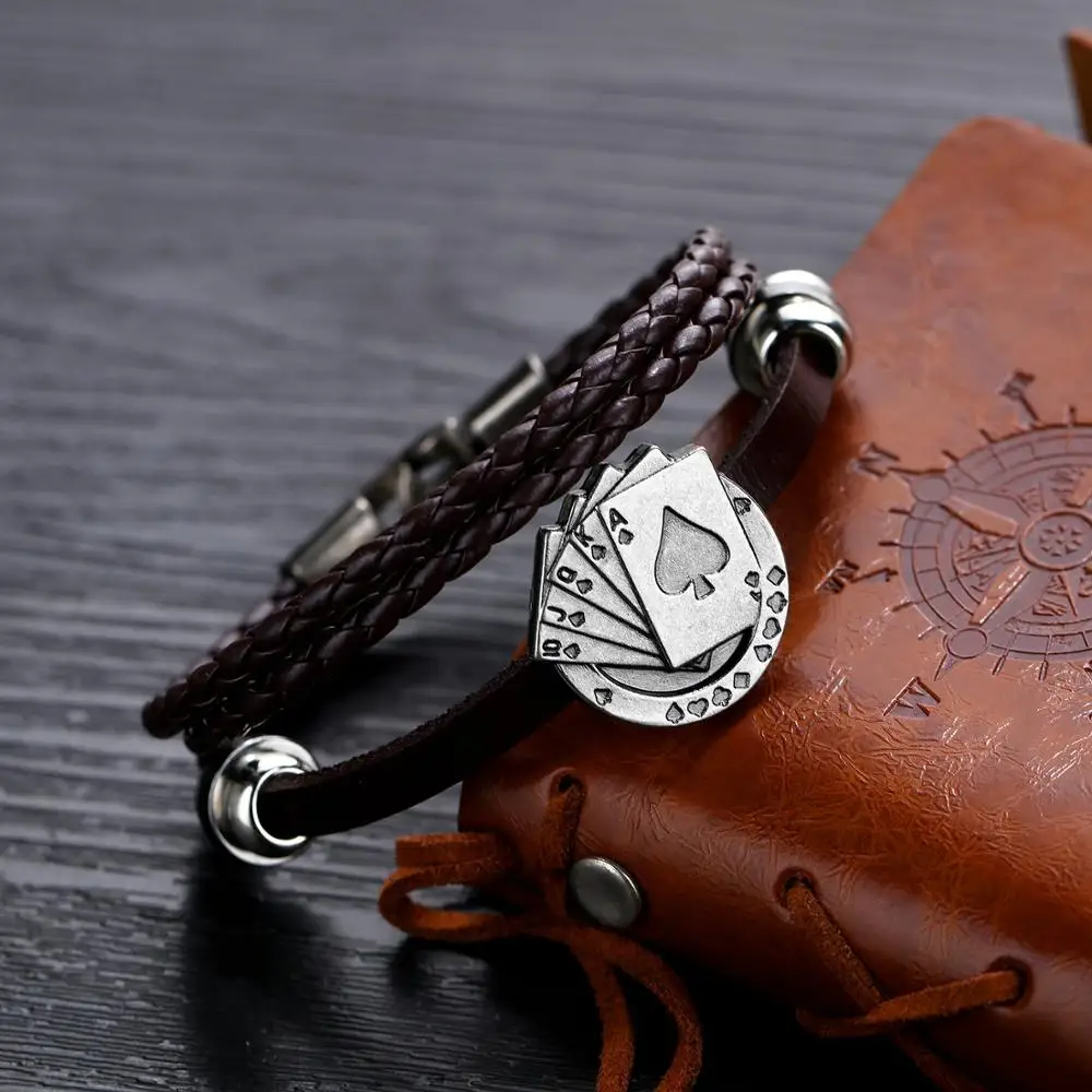 Lucky Vintage Men's Leather Bracelet Playing Cards Raja Vegas Charm Multilayer Braided Women Pulseira Masculina | Украшения и