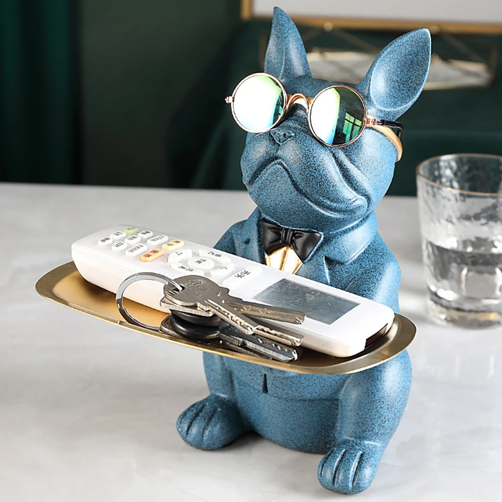 

Nordic French Bulldog Sculpture Dog Figurine Statue Key Jewelry Storage Table Decoration Gift With Plate Glasses Art Statue