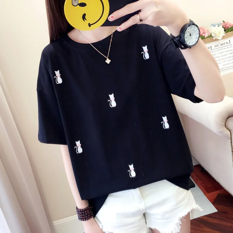 Женская футболка с вышивкой в стиле кампуса Модная хлопковая коротким рукавом и