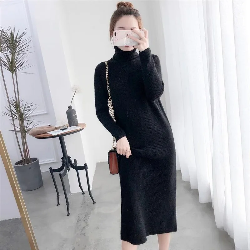 

2021 Women Turtleneck Warm Winter Dress Women Knitted Solid Long Vestidos 2020 Long Sleeve Loose Casual Dresses Fashion Vestido