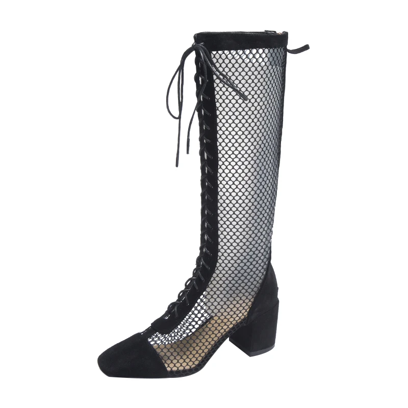 

New Hollow Mesh Boots Breathable And Comfortable Temperament High-Heeled Knight Boots Summer Ladies Net Boots.