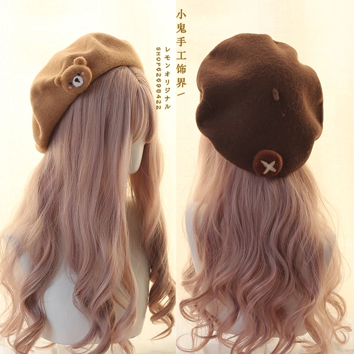 

Lolita Cute Bear Beret Hat Handmade Wool felt Mushrooms Cute Hat Painter Hat Teen Girls Student Autumn Winter Kawaii Dome Cap